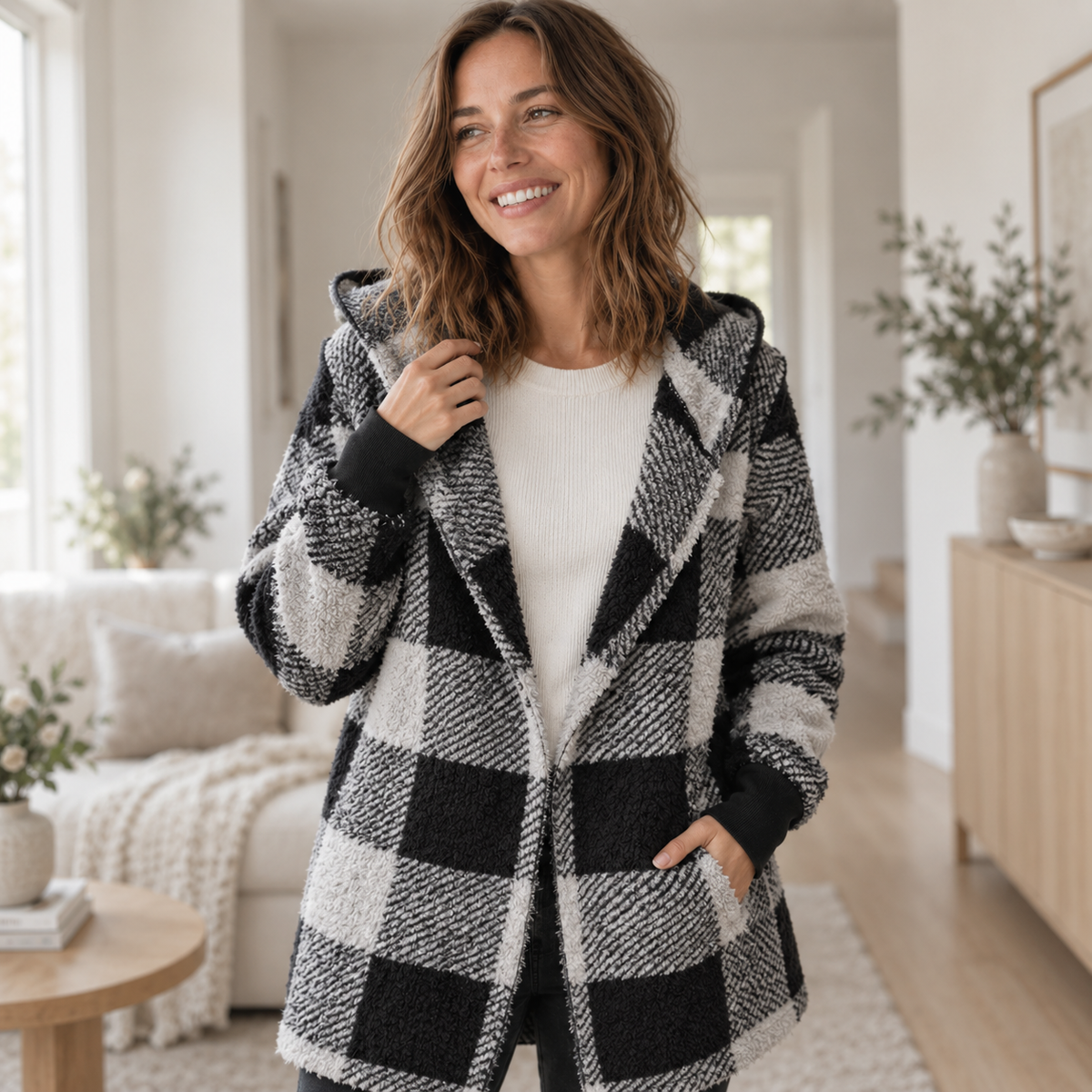 Fleece-Cardigan Merit – Karo-Patchwork mit Kapuze