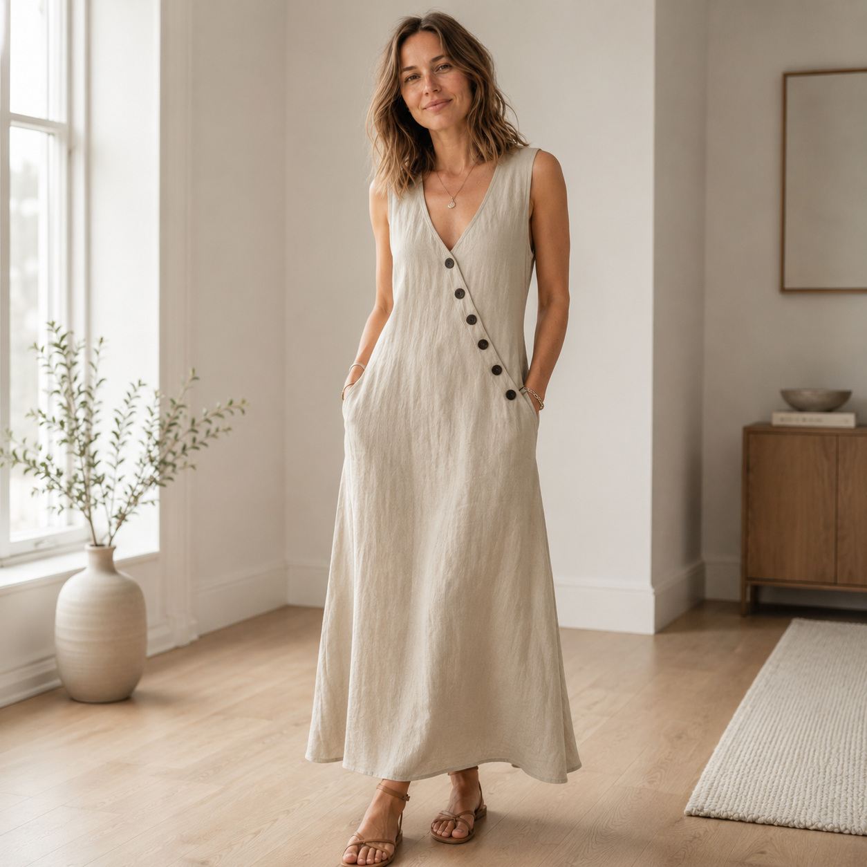 Maxikleid Ines – Ärmellos mit tiefem V-Ausschnitt