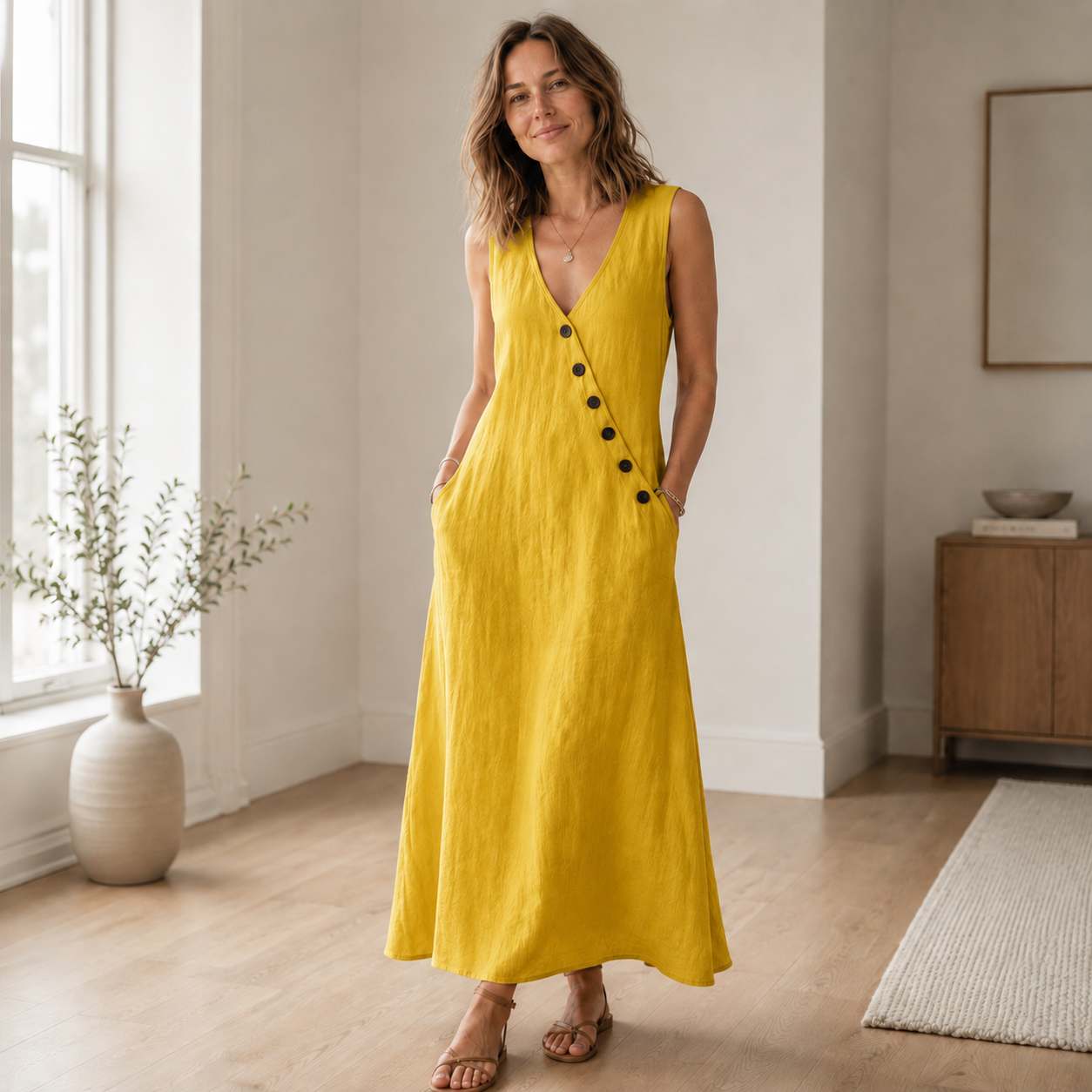 Maxikleid Ines – Ärmellos mit tiefem V-Ausschnitt