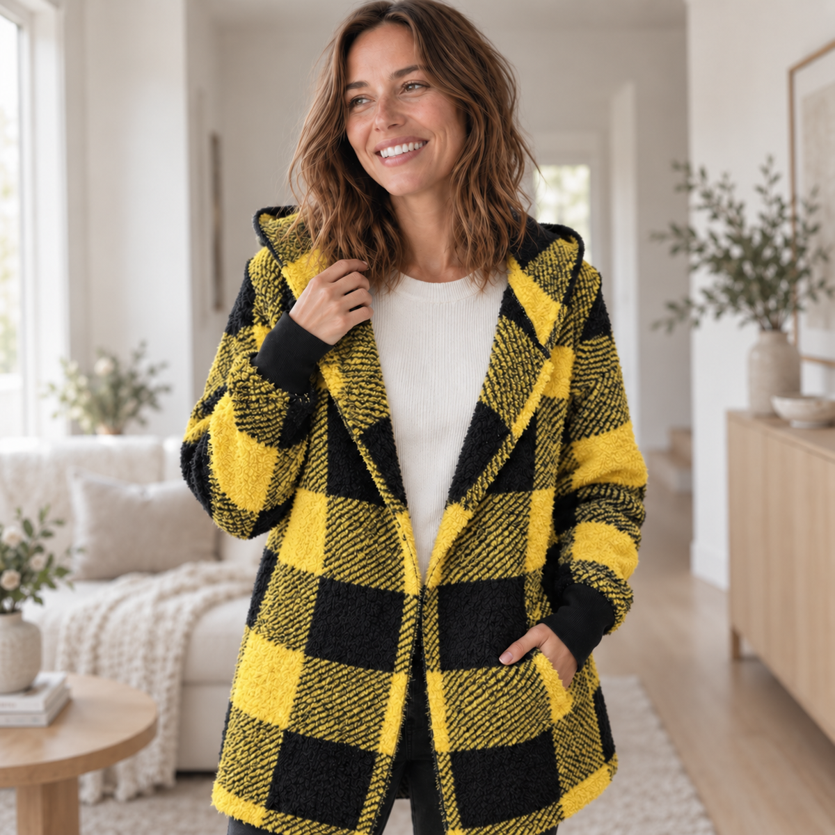 Fleece-Cardigan Merit – Karo-Patchwork mit Kapuze