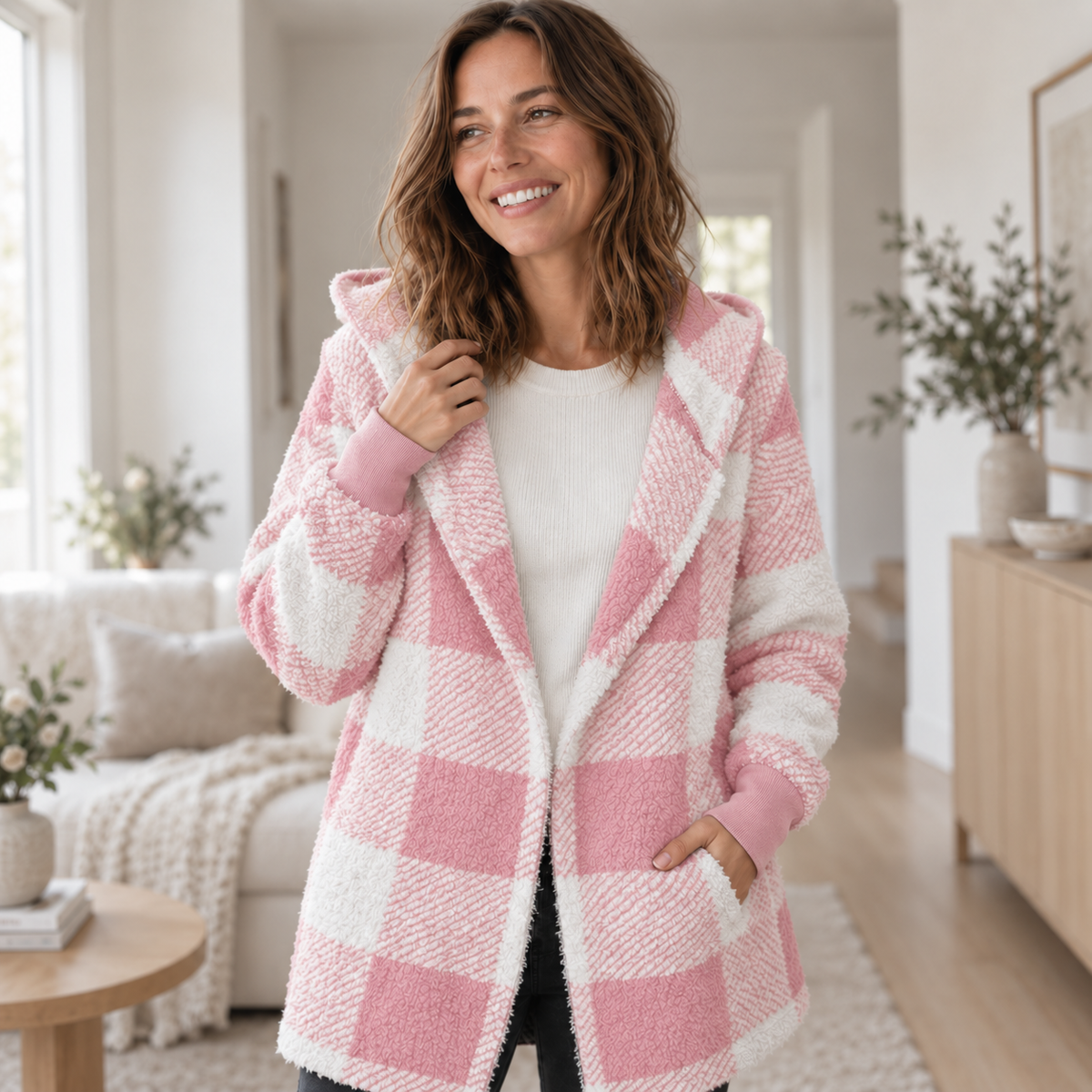 Fleece-Cardigan Merit – Karo-Patchwork mit Kapuze