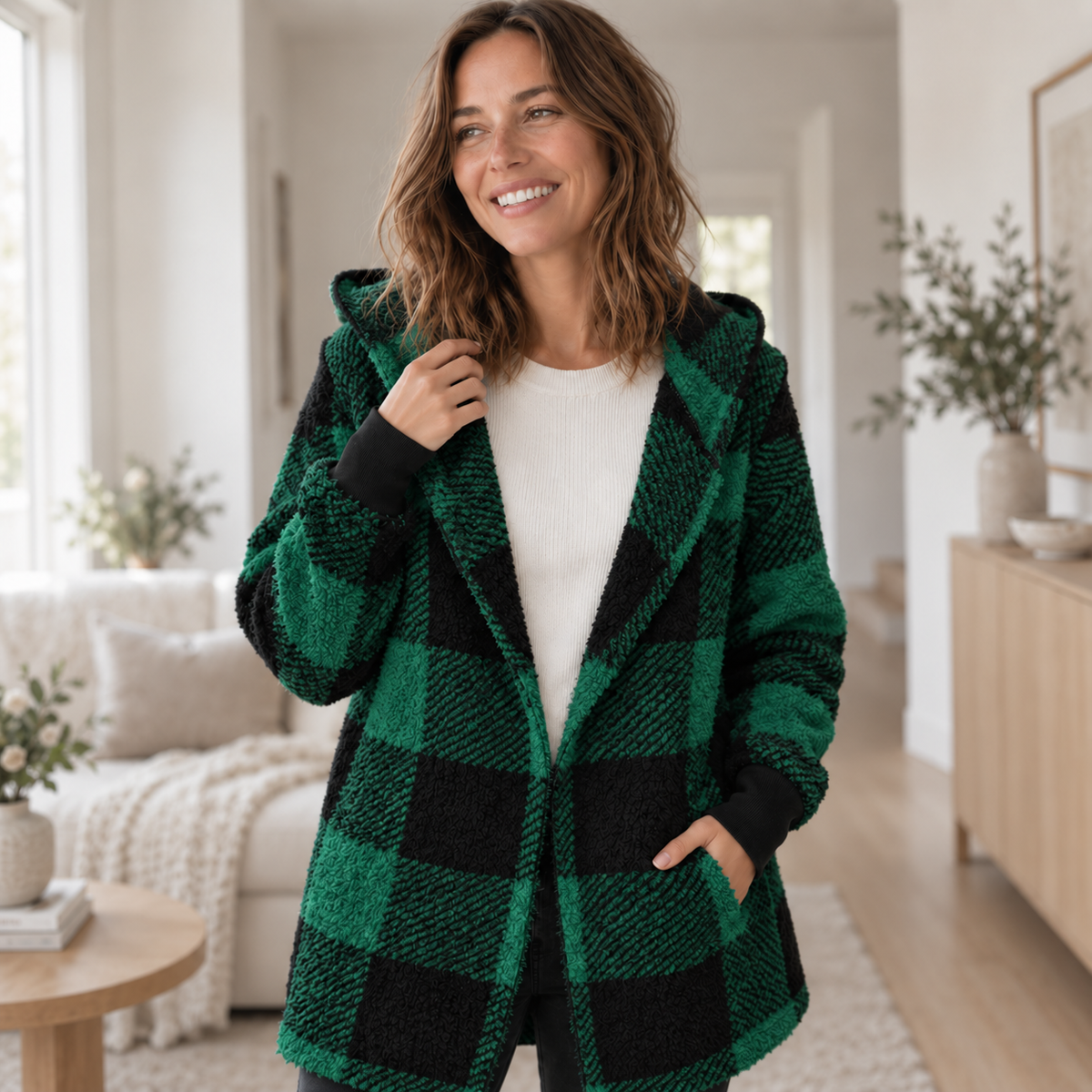 Fleece-Cardigan Merit – Karo-Patchwork mit Kapuze