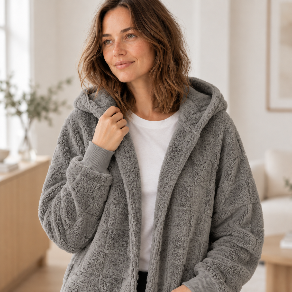 Teddy-Cardigan Karla – Oversized mit Kapuze