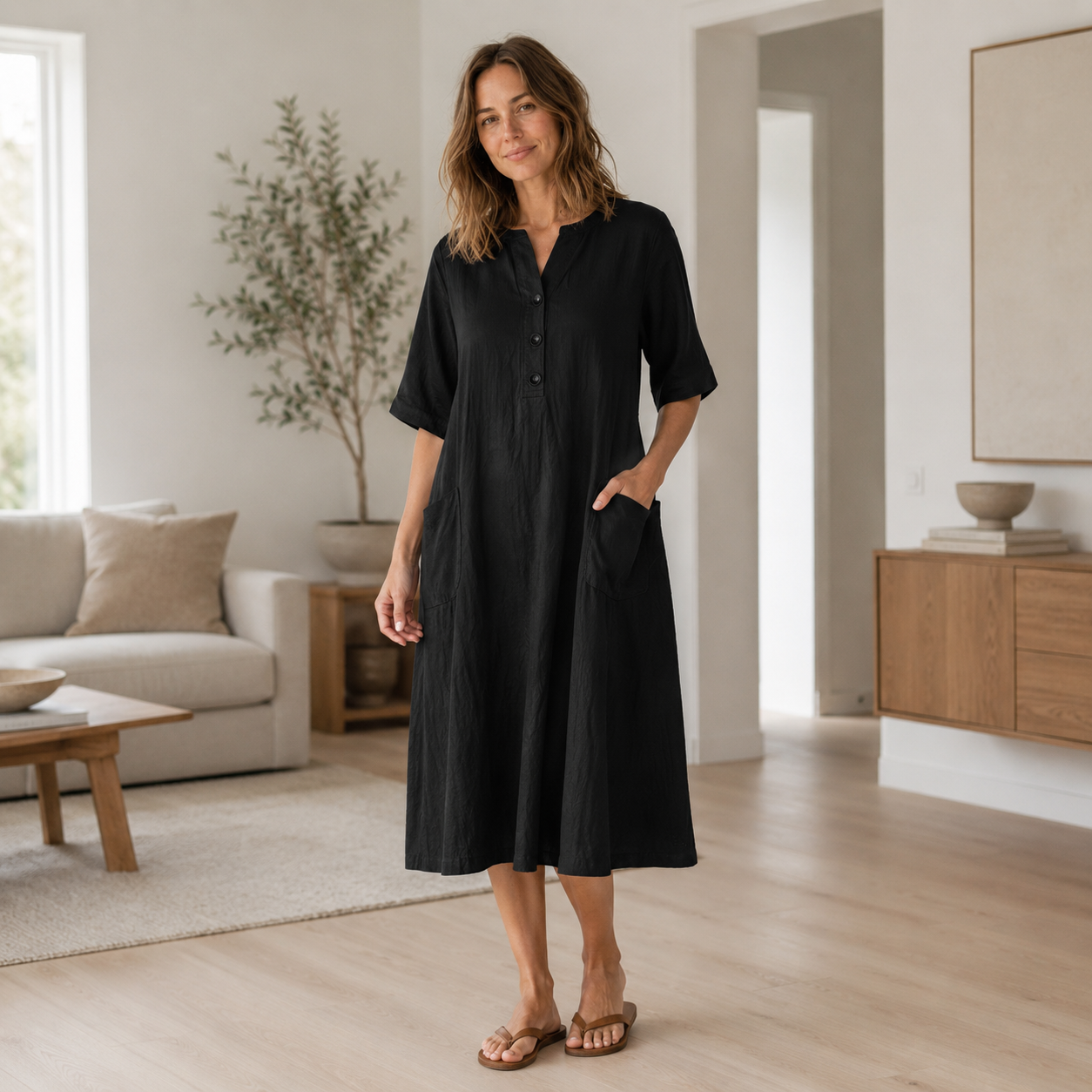 Leinenkleid Helena – Knopfleiste & Seitentaschen