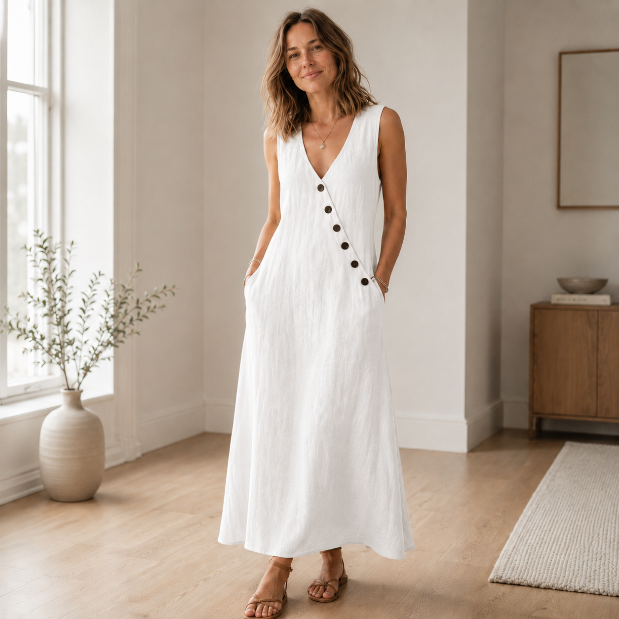 Maxikleid Ines – Ärmellos mit tiefem V-Ausschnitt