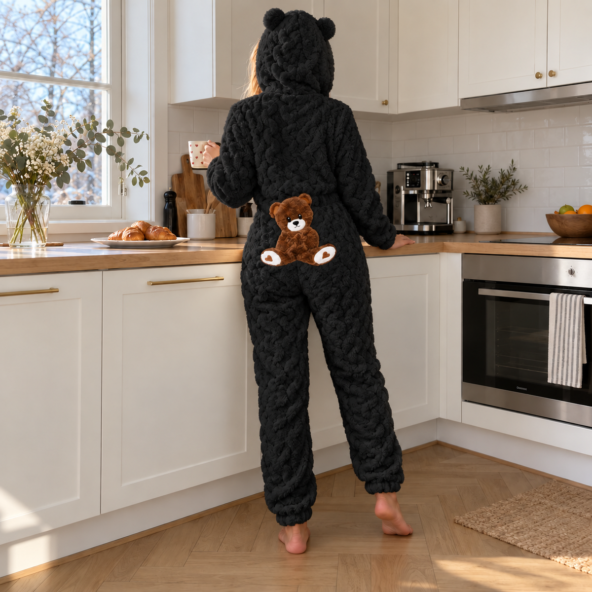 Teddy-Overall Emmi – Bärenohren-Kapuze & kuscheliges Zopf-Fleece