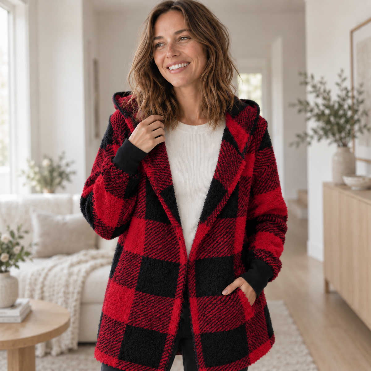 Fleece-Cardigan Merit – Karo-Patchwork mit Kapuze