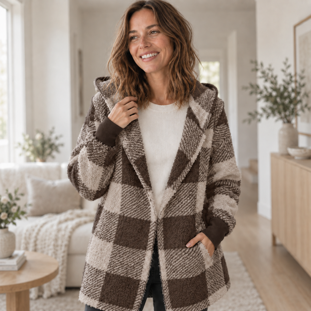 Fleece-Cardigan Merit – Karo-Patchwork mit Kapuze