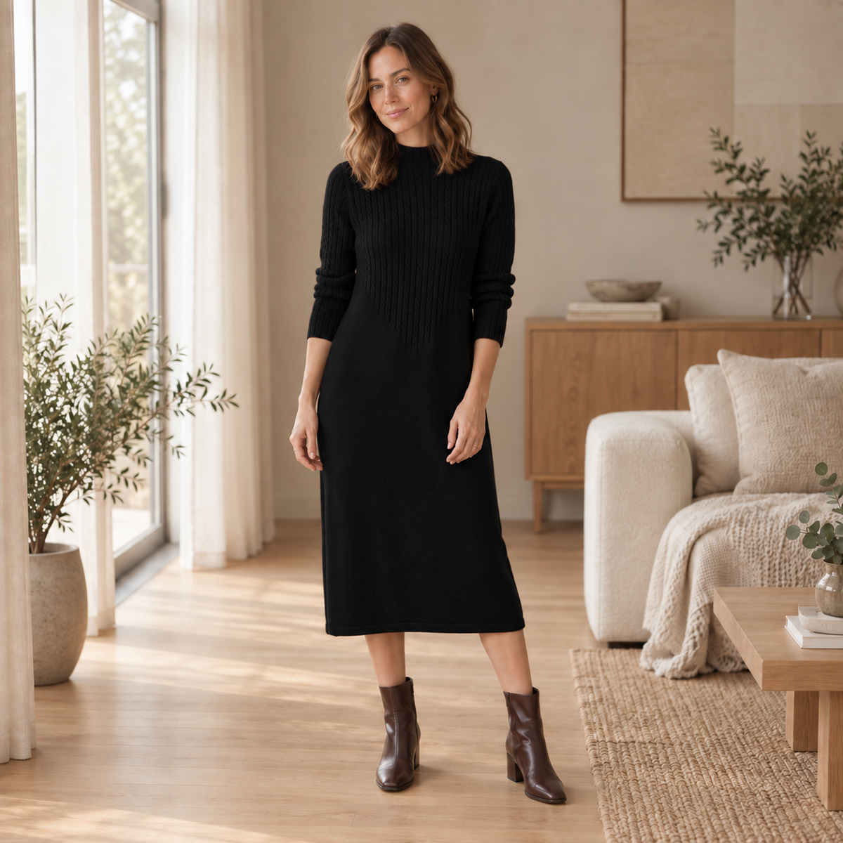 Strickkleid Sabine – Halbrollkragen im Midi-Look