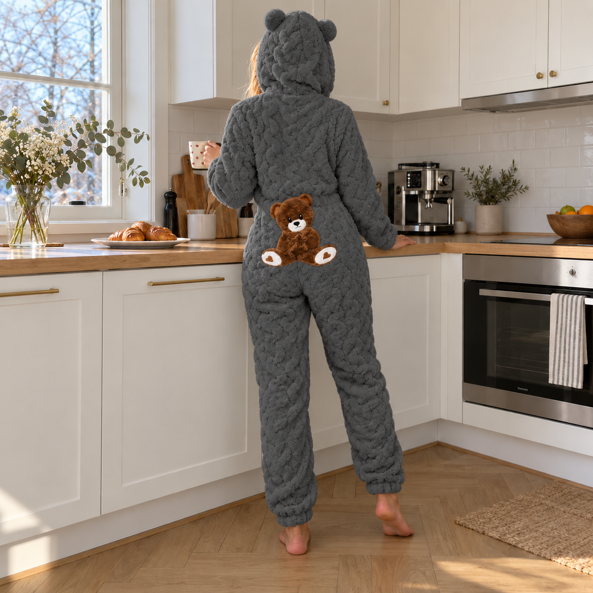 Teddy-Overall Emmi – Bärenohren-Kapuze & kuscheliges Zopf-Fleece