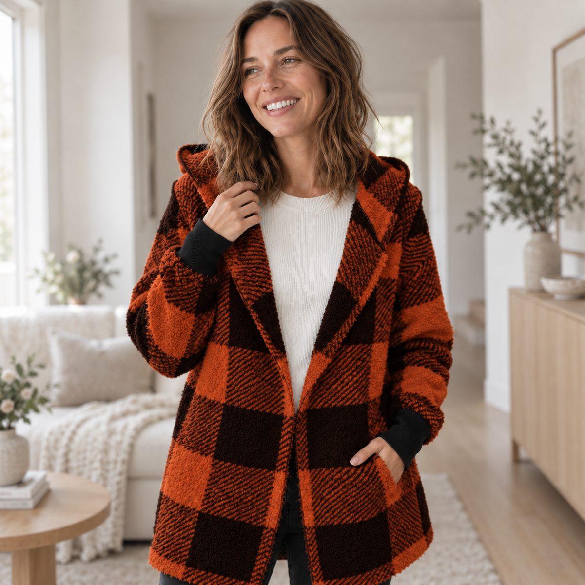 Fleece-Cardigan Merit – Karo-Patchwork mit Kapuze
