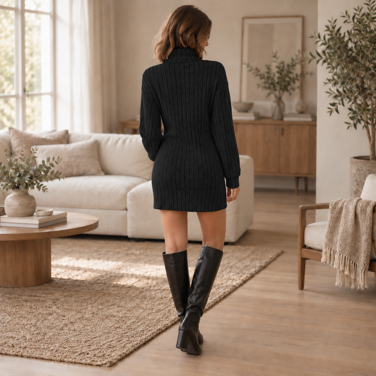 Rippstrick-Kleid Doreen – Hoher Kragen mit Schulterfall