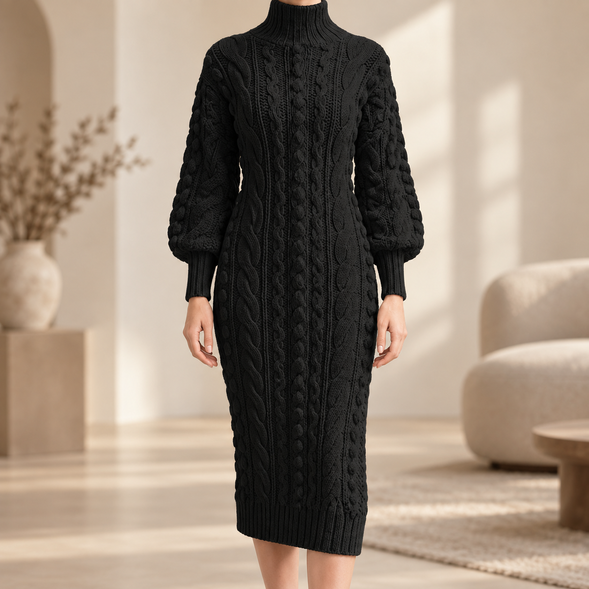 Rippstrick-Midikleid Angelika – Rollkragen Stretch