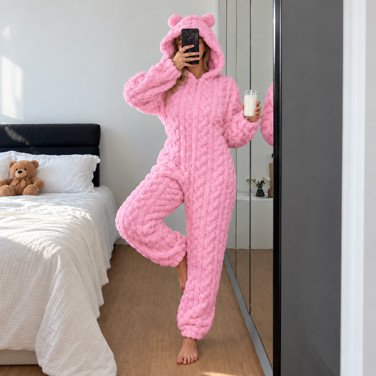 Teddy-Overall Emmi – Bärenohren-Kapuze & kuscheliges Zopf-Fleece