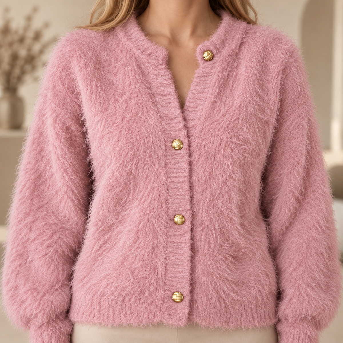 Plüsch-Cardigan Vilja – Patchwork mit Knopfleiste