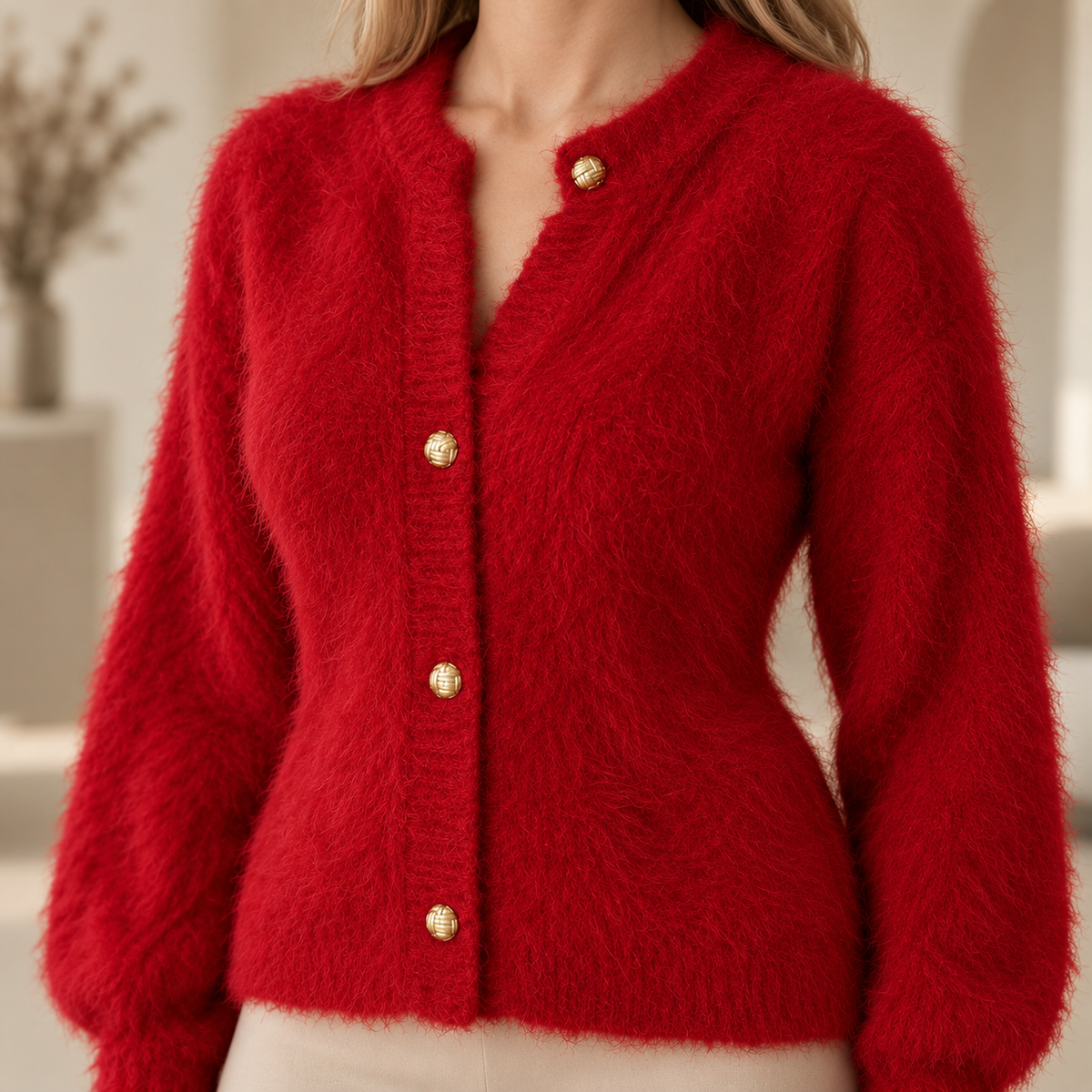Plüsch-Cardigan Vilja – Patchwork mit Knopfleiste