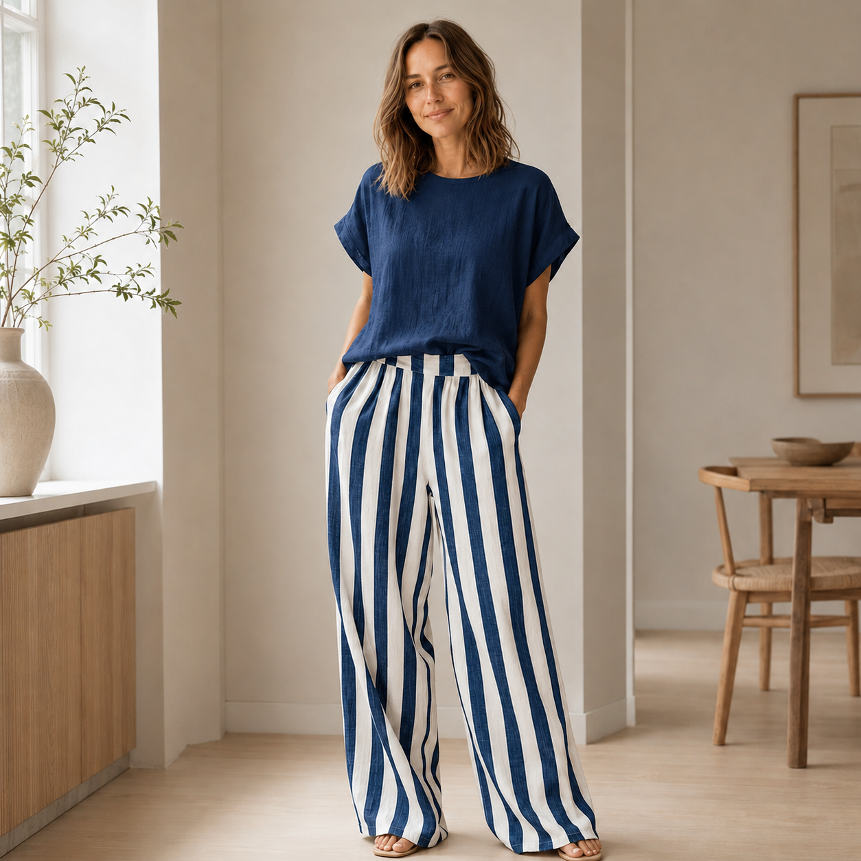 Loungewear-Set Runa – Basic-Top & Streifen-Hose