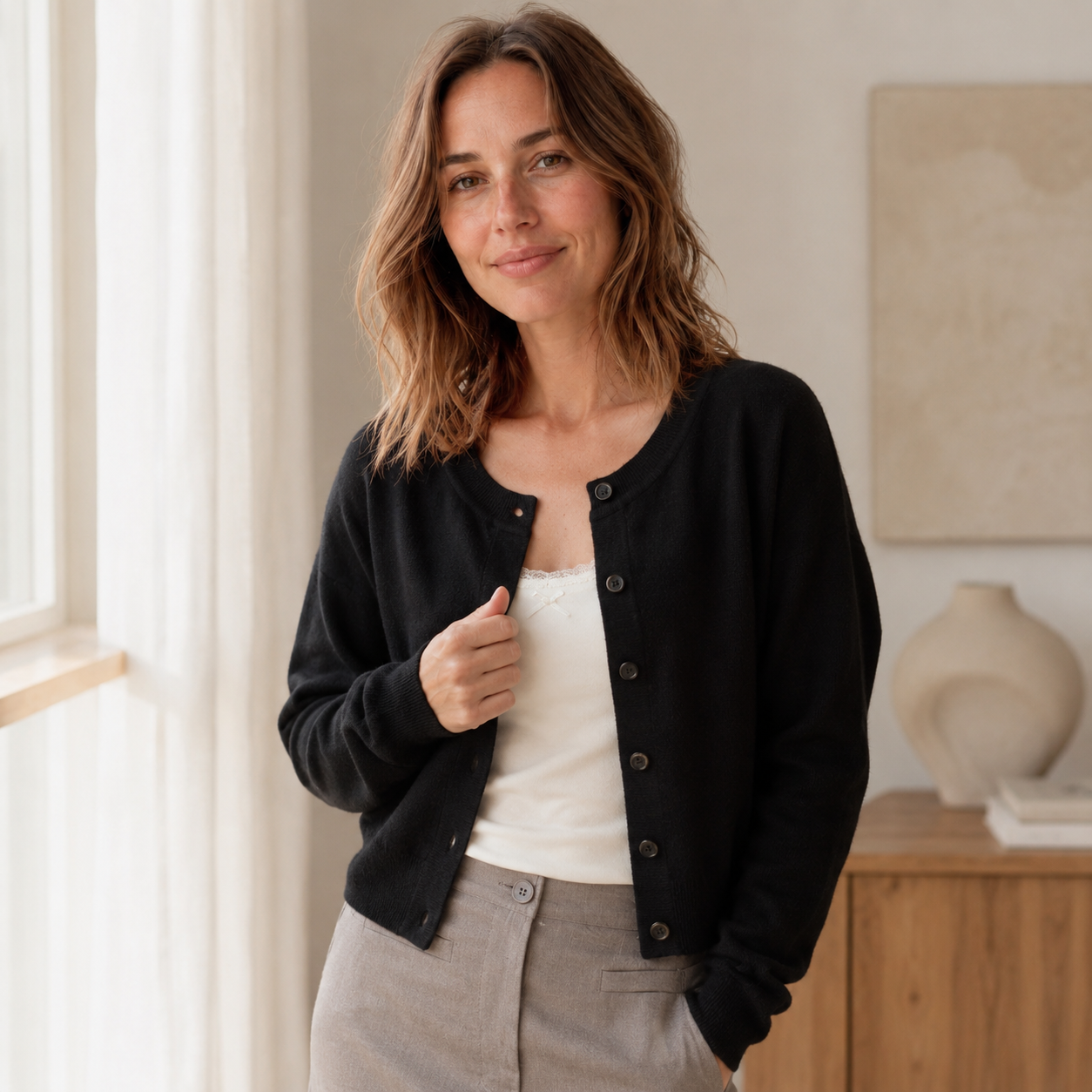 Feinstrick-Cardigan Lou – Kurz mit Rundhals & Knopfleiste