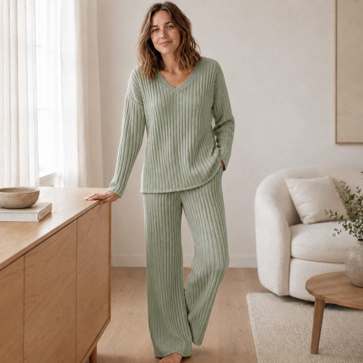 Loungewear-Set Elin – Rippstrick mit V-Ausschnitt