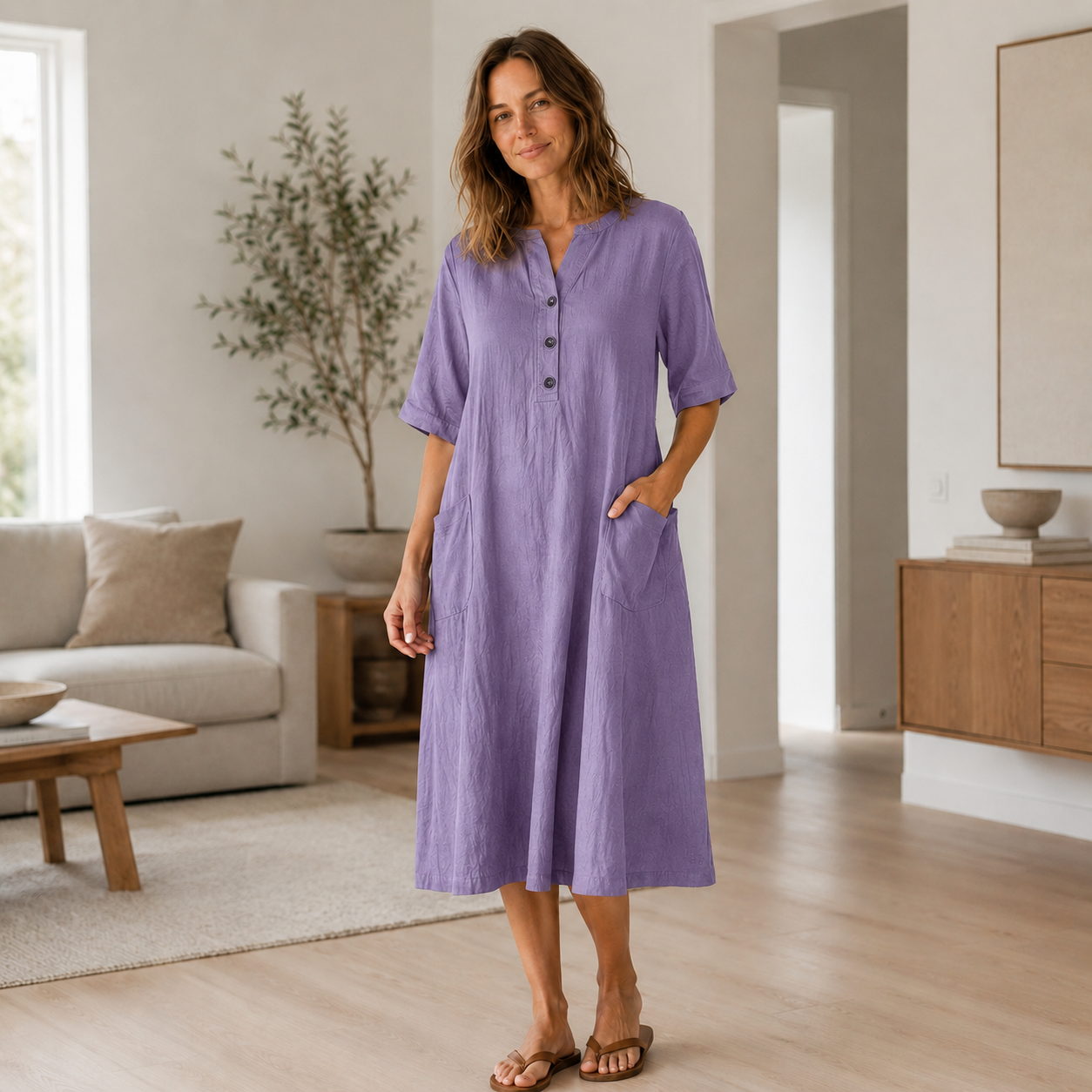 Leinenkleid Helena – Knopfleiste & Seitentaschen