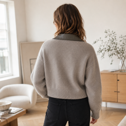 Strick-Bomber Vera – Cropped mit Zipper & Kontrast-Kragen