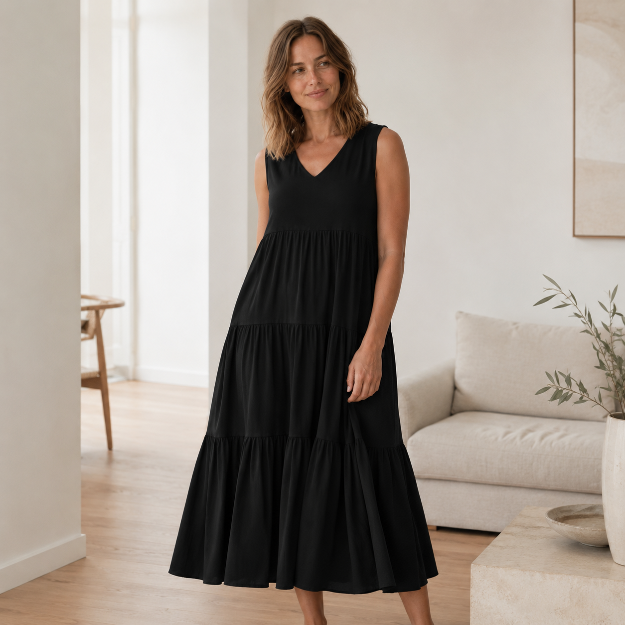 Maxikleid Smilla – Fließend mit Volant-Stufen
