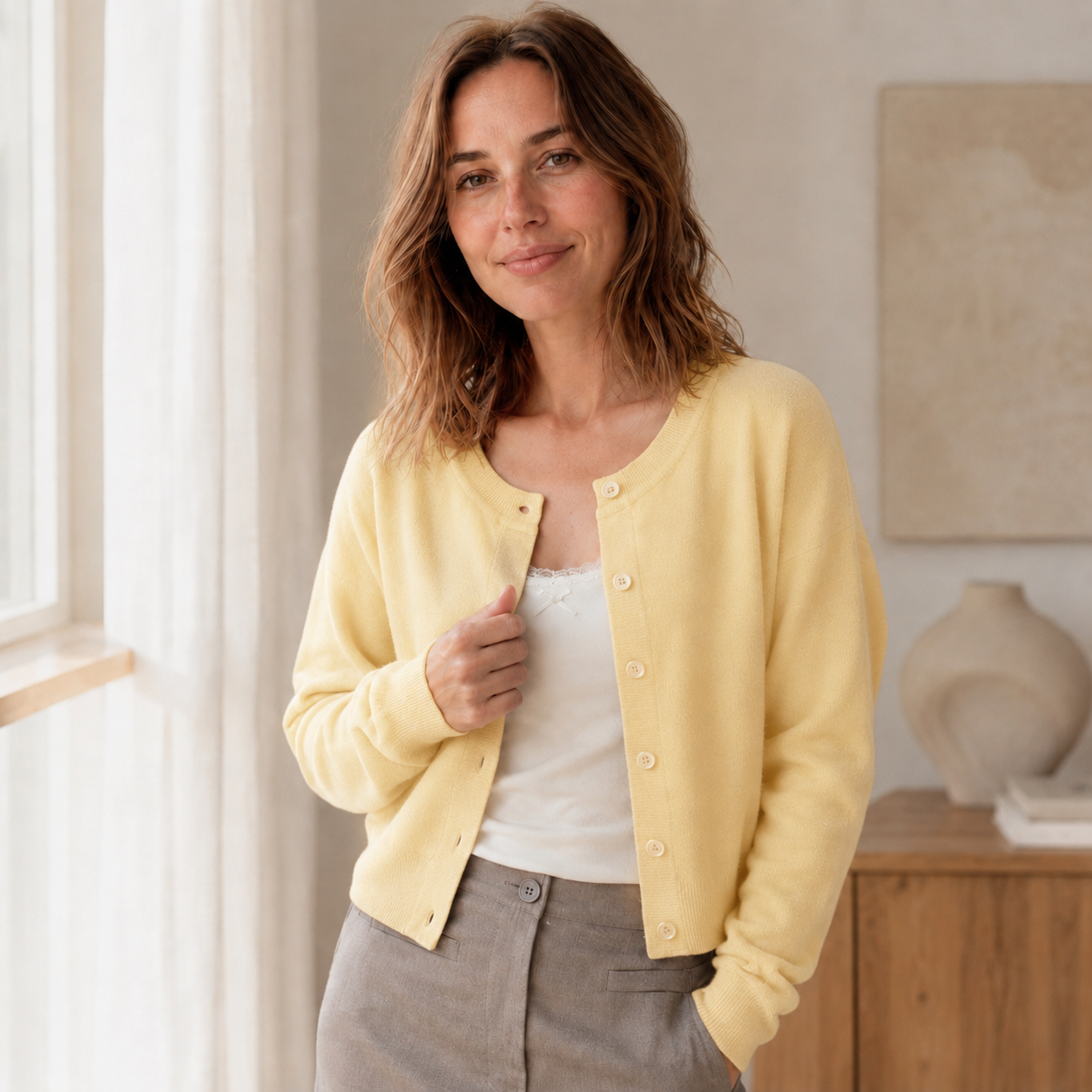 Feinstrick-Cardigan Lou – Kurz mit Rundhals & Knopfleiste