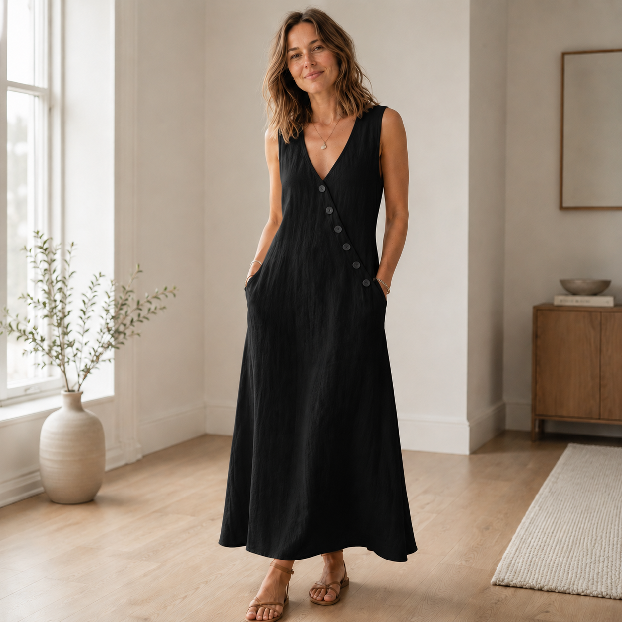 Maxikleid Ines – Ärmellos mit tiefem V-Ausschnitt