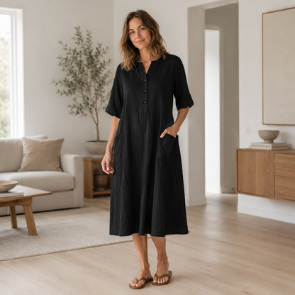 Leinenkleid Helena – Knopfleiste & Seitentaschen