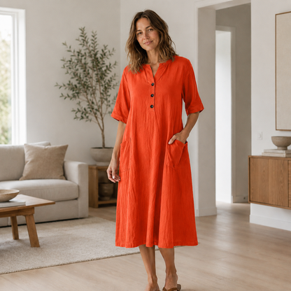 Leinenkleid Helena – Knopfleiste & Seitentaschen