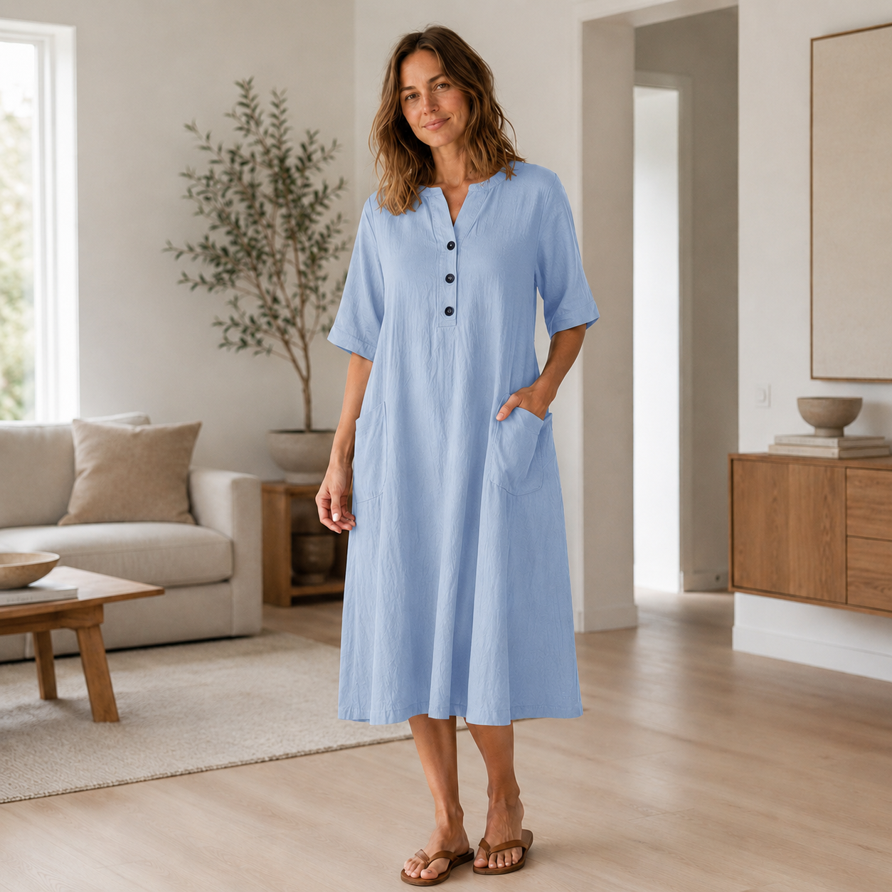 Leinenkleid Helena – Knopfleiste & Seitentaschen