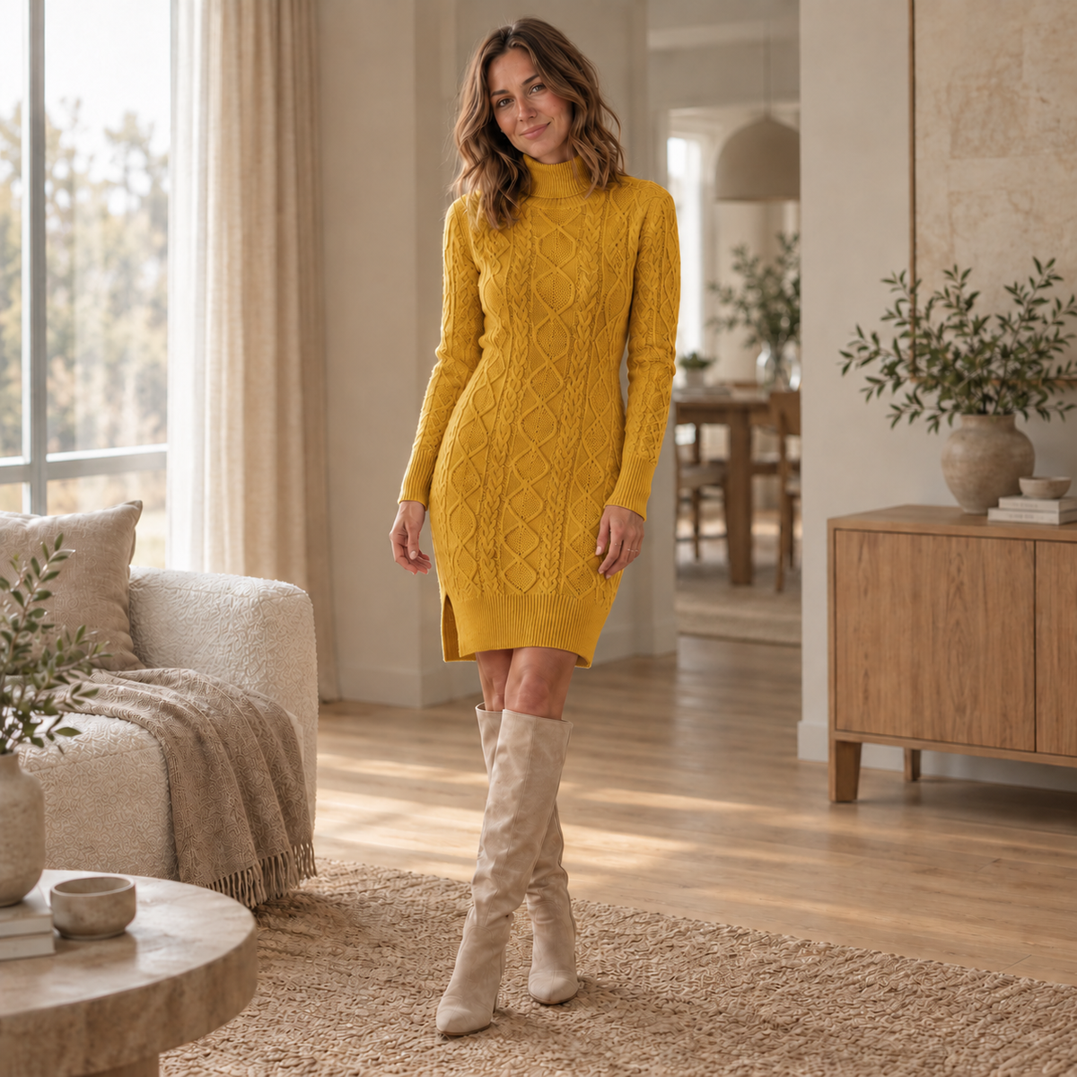 Wickelsaum-Strickkleid Bettina – Warmer Stehkragen