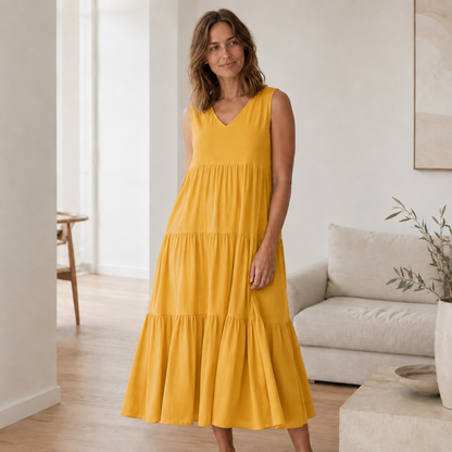 Maxikleid Smilla – Fließend mit Volant-Stufen