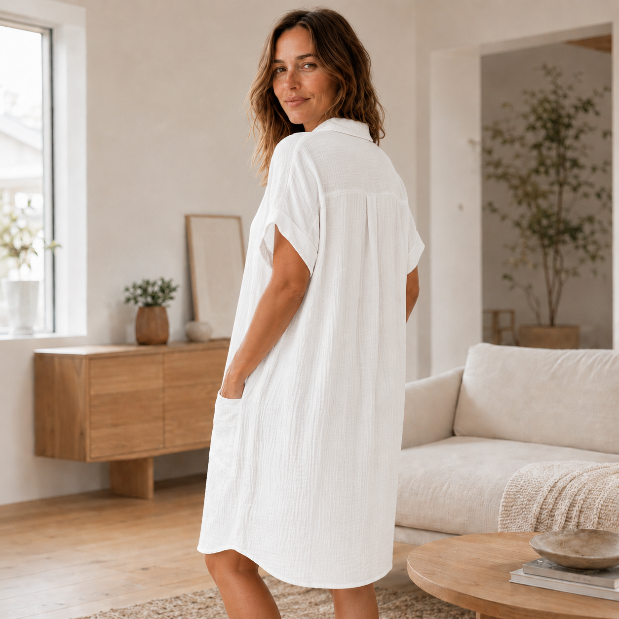 Musselin-Hemdkleid Edda – Durchgeknöpft mit Taschen