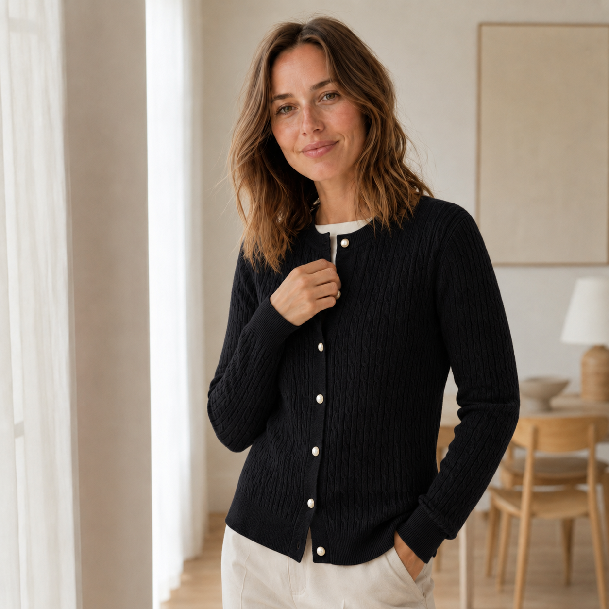 Feinstrick-Cardigan Pia – Zopfmuster mit Knopfleiste