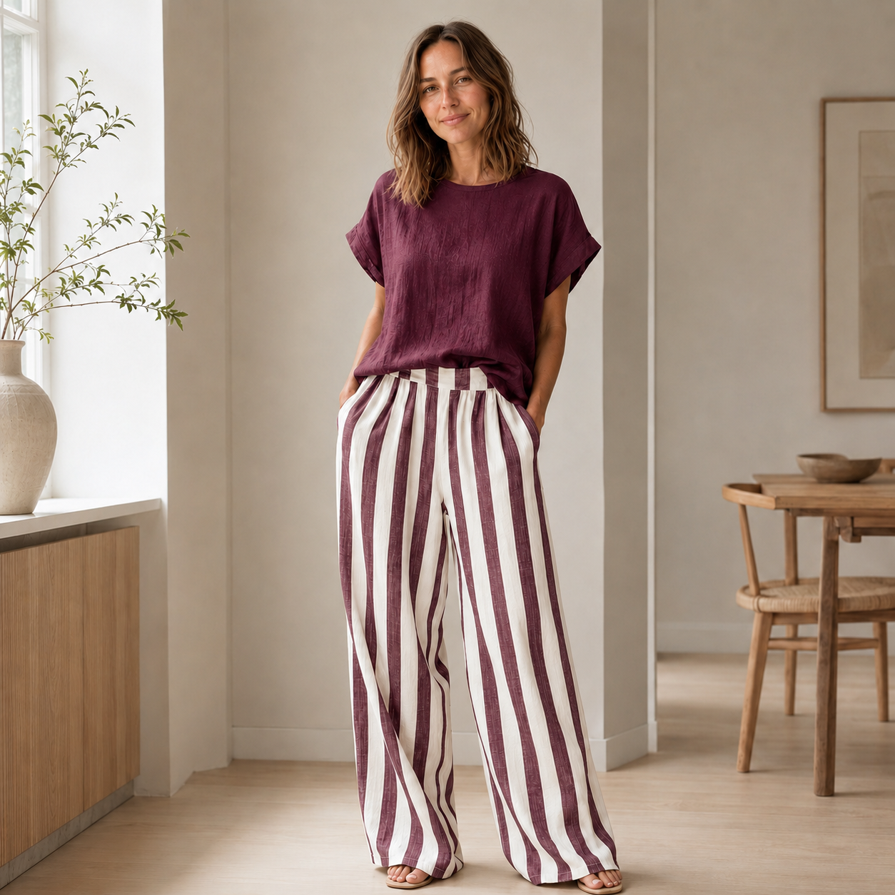 Loungewear-Set Runa – Basic-Top & Streifen-Hose