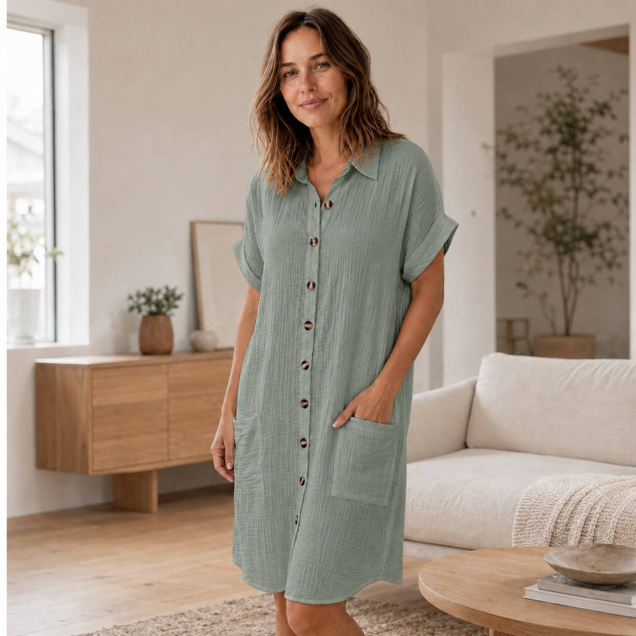 Musselin-Hemdkleid Edda – Durchgeknöpft mit Taschen