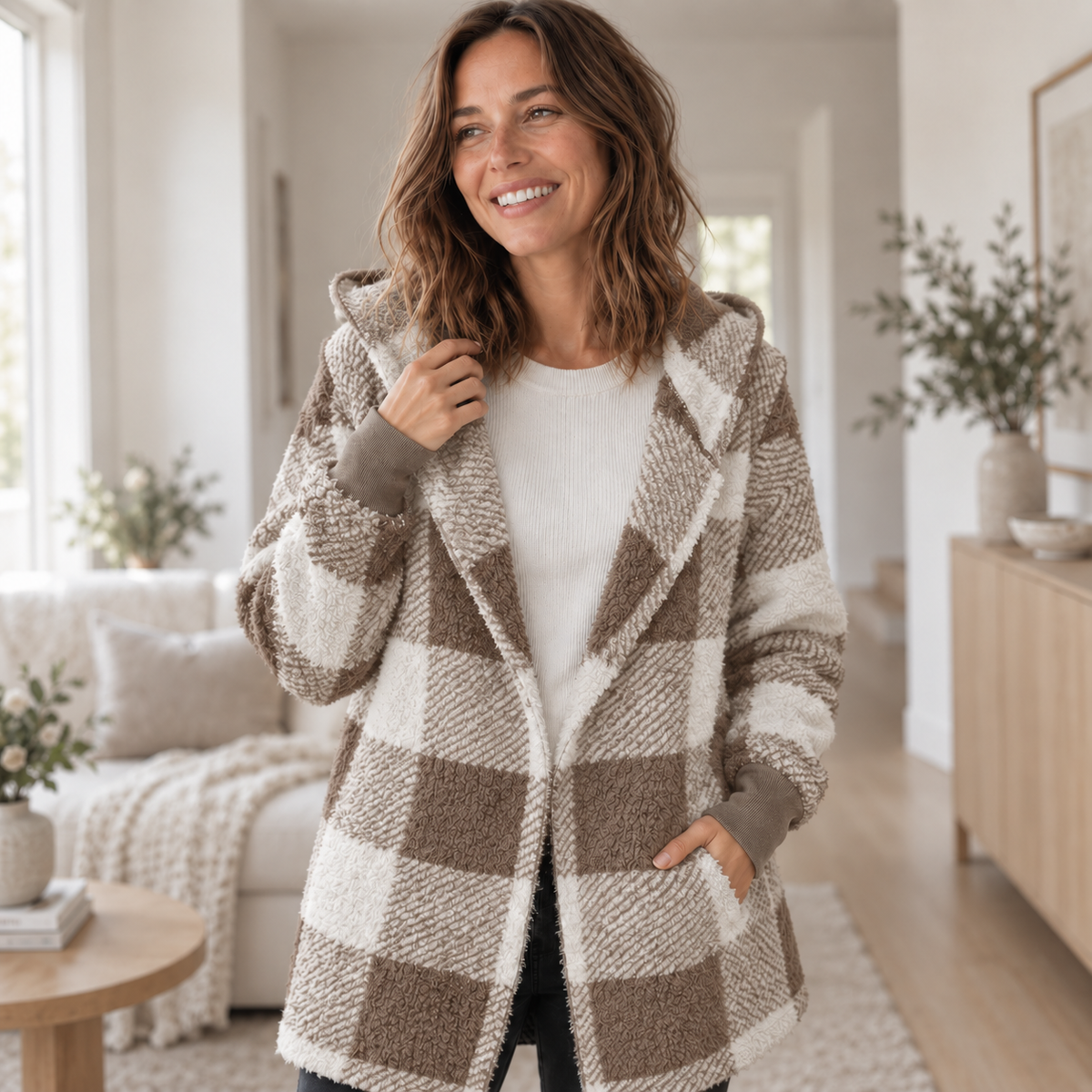Fleece-Cardigan Merit – Karo-Patchwork mit Kapuze