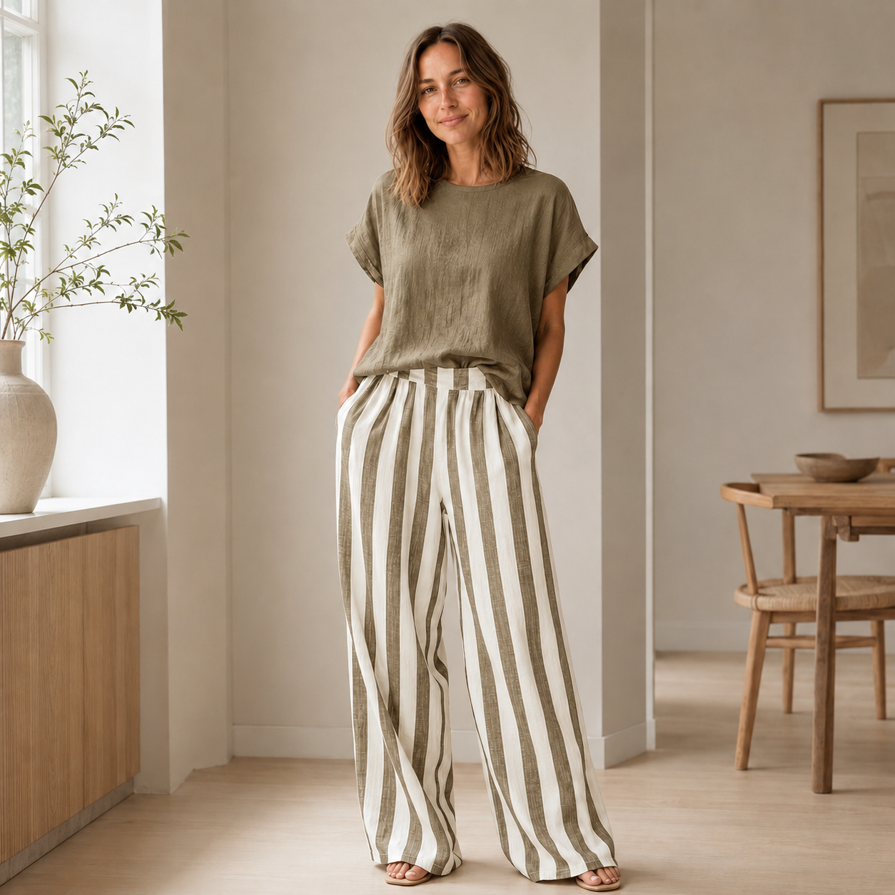 Loungewear-Set Runa – Basic-Top & Streifen-Hose