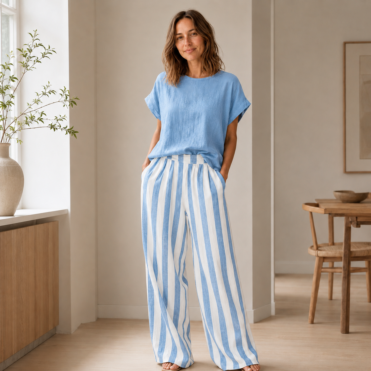 Loungewear-Set Runa – Basic-Top & Streifen-Hose