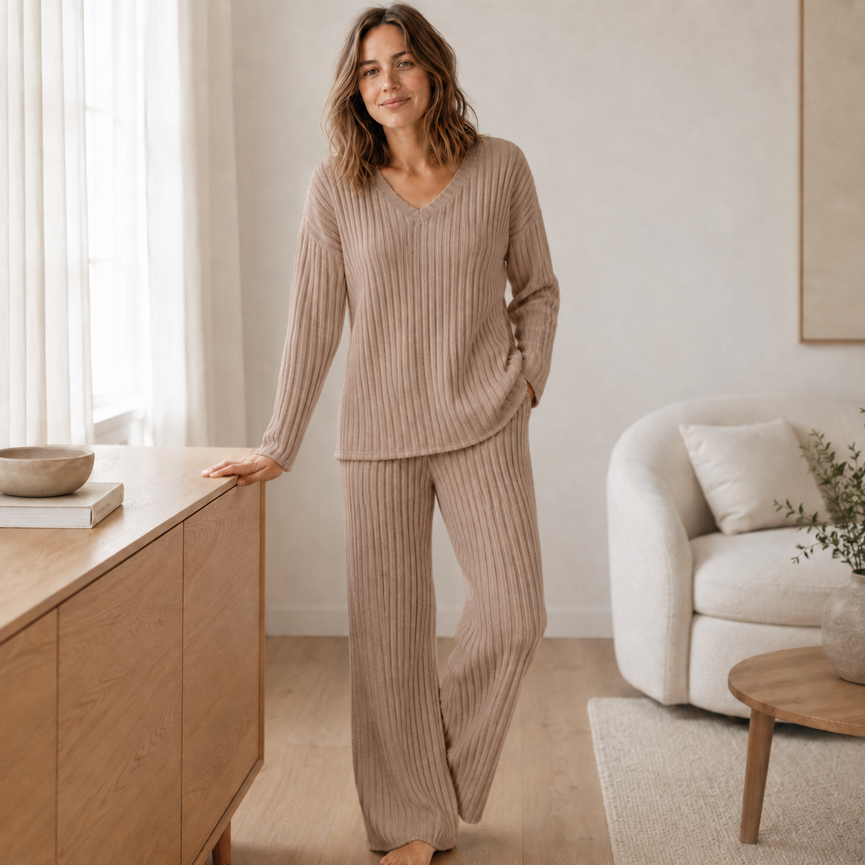Loungewear-Set Elin – Rippstrick mit V-Ausschnitt