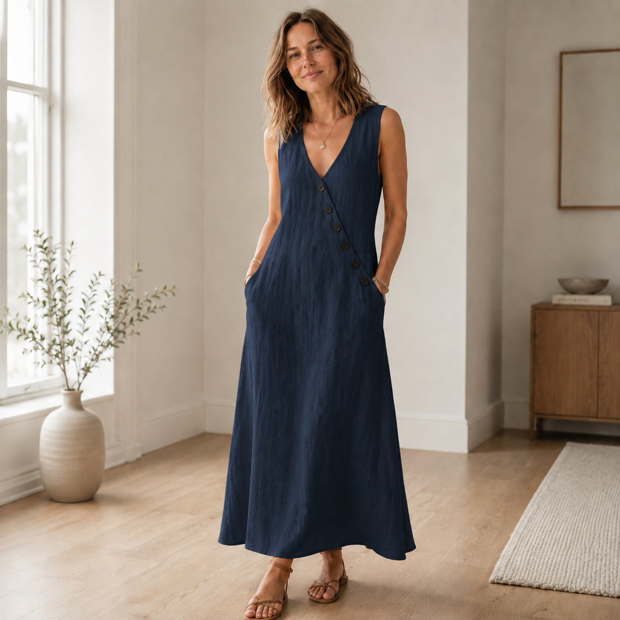 Maxikleid Ines – Ärmellos mit tiefem V-Ausschnitt