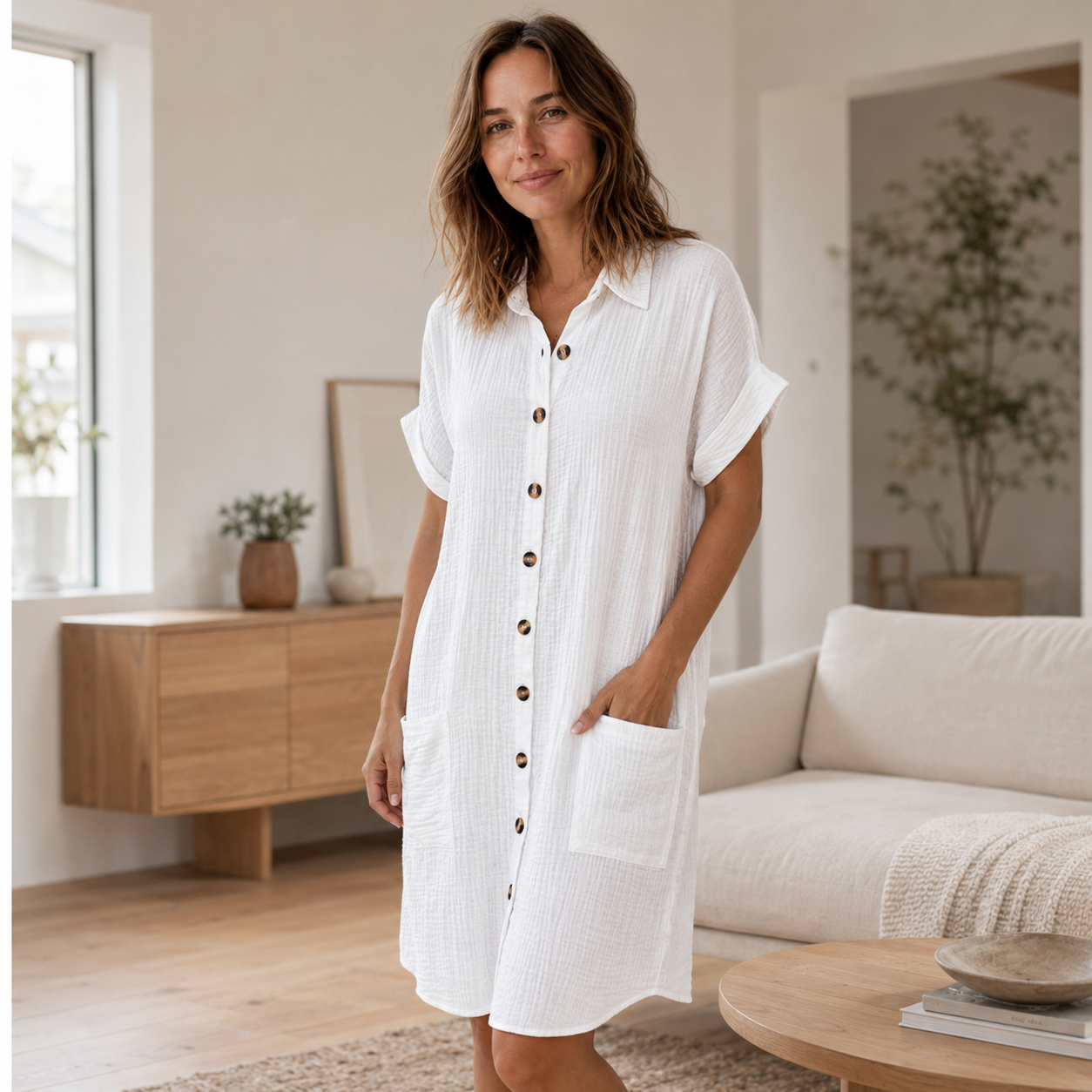 Musselin-Hemdkleid Edda – Durchgeknöpft mit Taschen