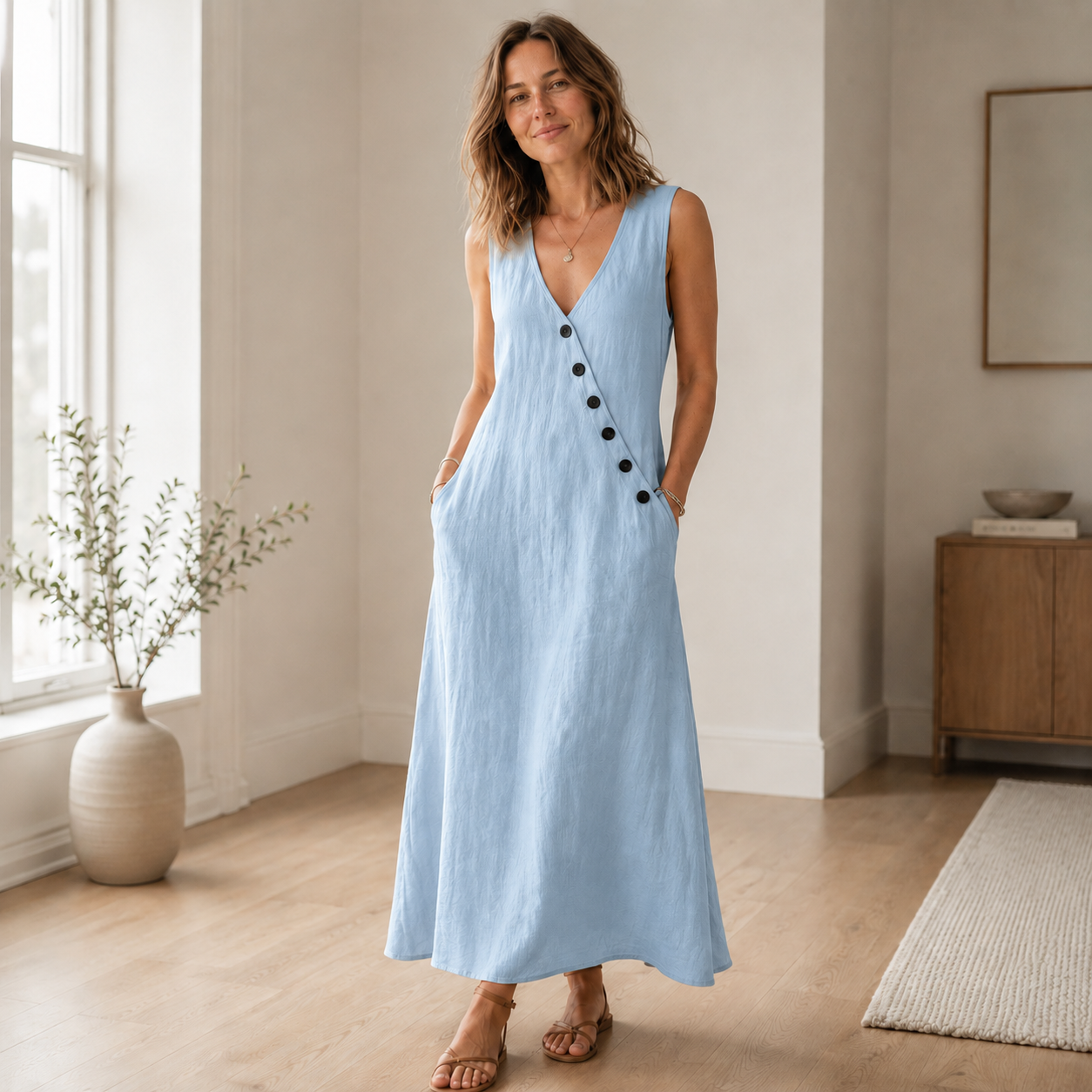 Maxikleid Ines – Ärmellos mit tiefem V-Ausschnitt
